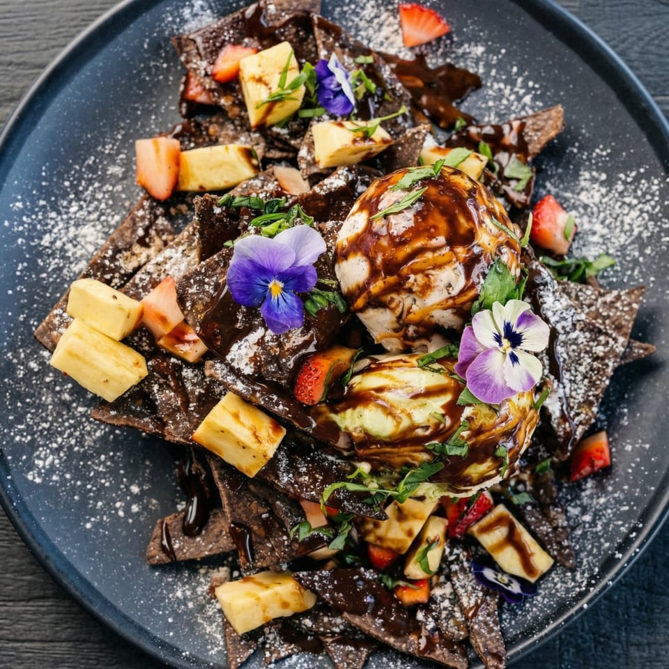Dessert nachos with chocolate chips, ice cream, strawberries, pineapple, and edible flowers.