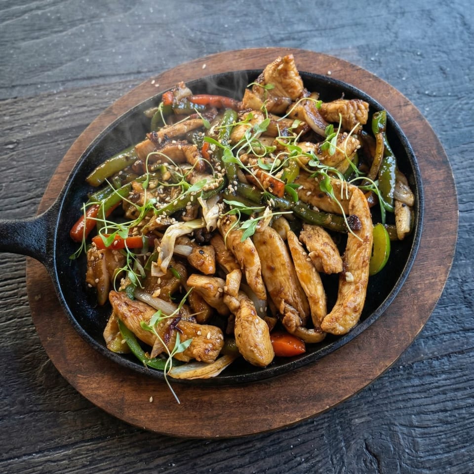 Sizzling chicken fajitas with peppers, onions, and microgreens in a cast iron skillet.
