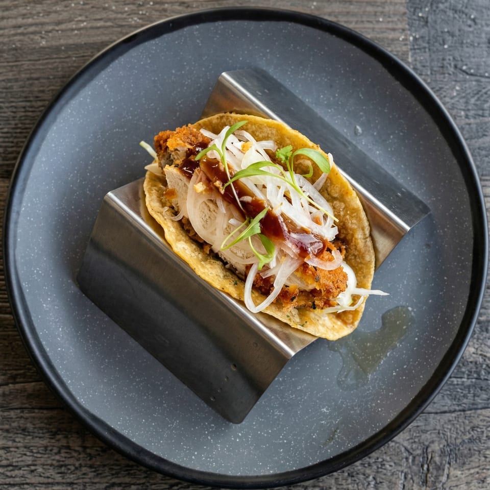 Crispy chicken taco with sliced onions, green garnish, and sauce, served on a dark plate.