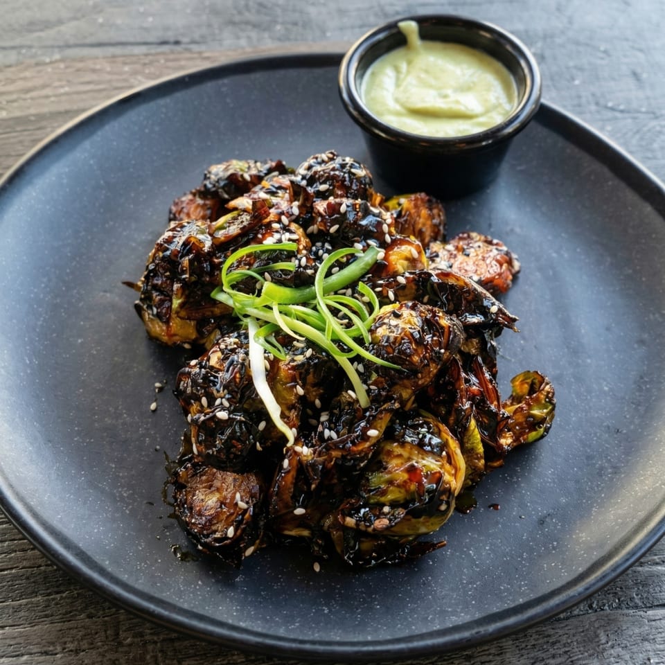 Roasted Brussels sprouts with dark glaze, sesame seeds, and green onions, served with a side of green sauce.
